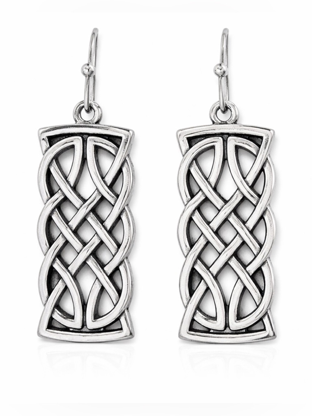 Silver Celtic Knot Dangle Earrings Rectangular Drop 1.57in